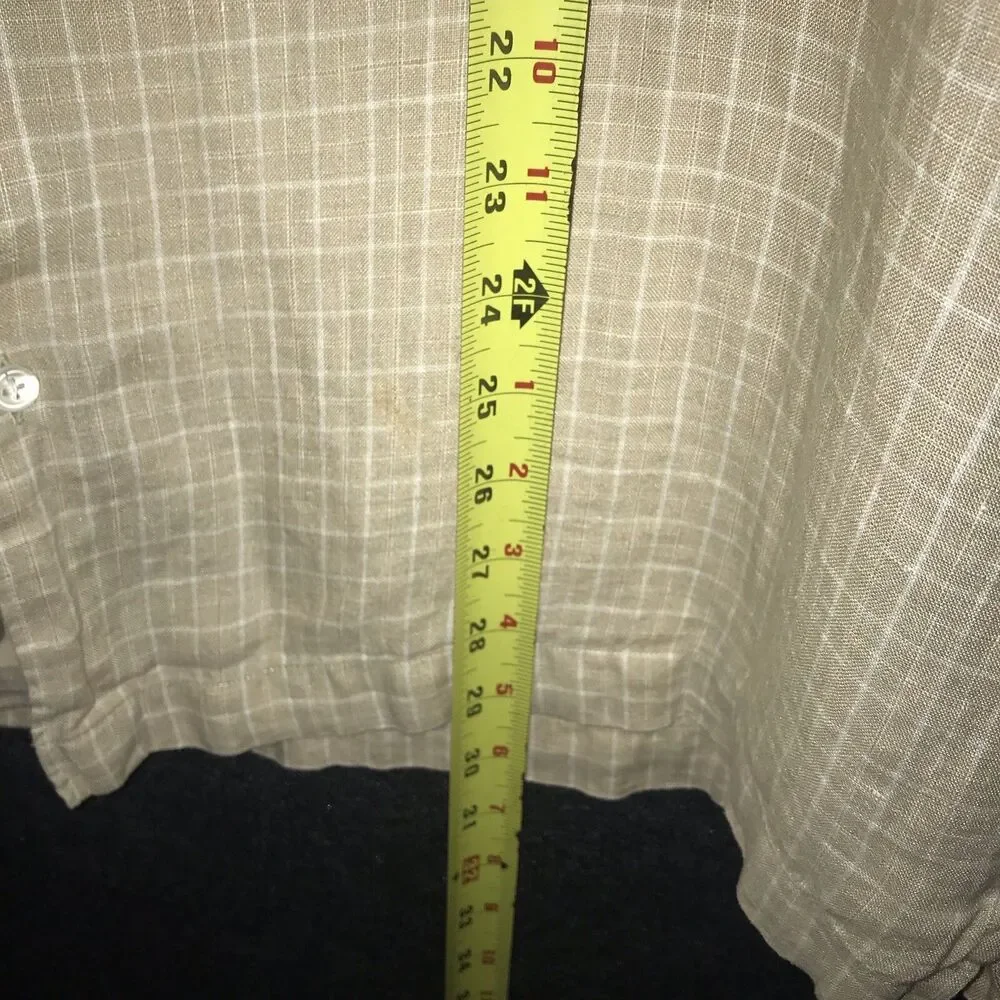 Banana Republic Shirt Tan White Plaid‎ 100% Linen Short Sleeve Button Up Men's